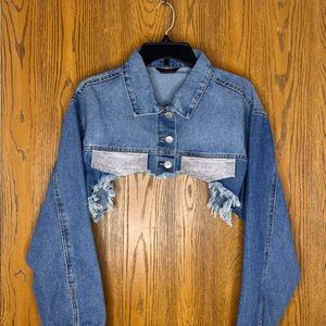 Cropped Blue Jean Jacket With Diamonds